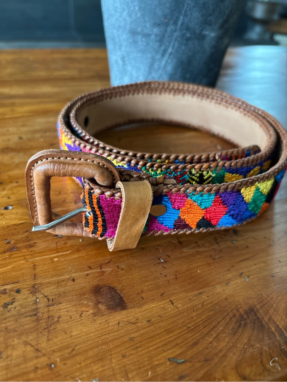 Handmade Guatemala Embroidered Textile Belt, Leather, Unisex, Artisan Vibrant 36